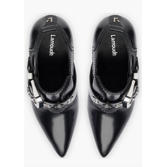 NEW LARROUDE BLACK STEWART LEATHER POINTED TOE BOOTIES BOOTS HEELS SZ 8.5 - Picture 7 of 10